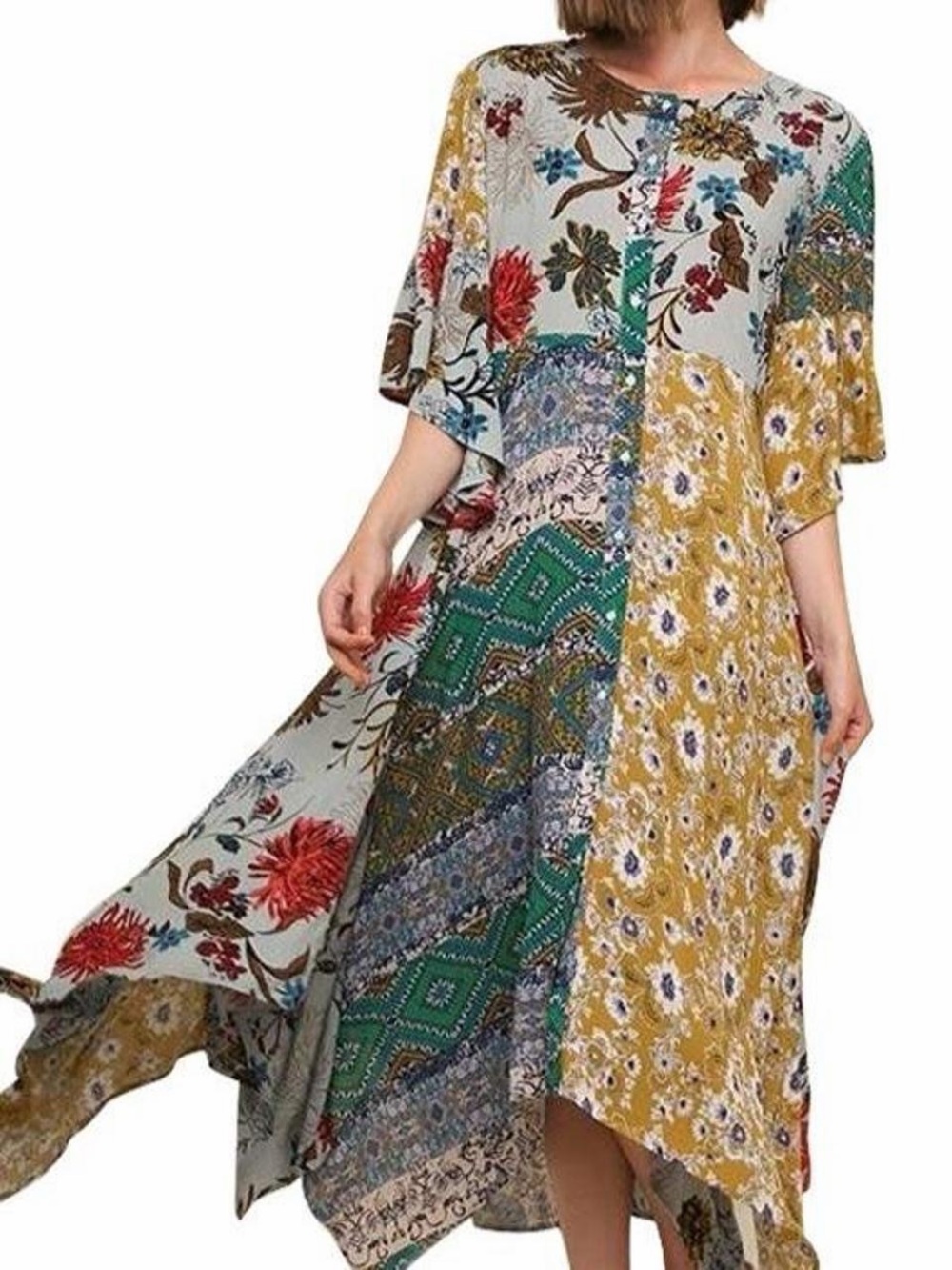 Umgee USA Boho Patchwork Floral Maxi Dress Medium Bell Sleeve Button Front
